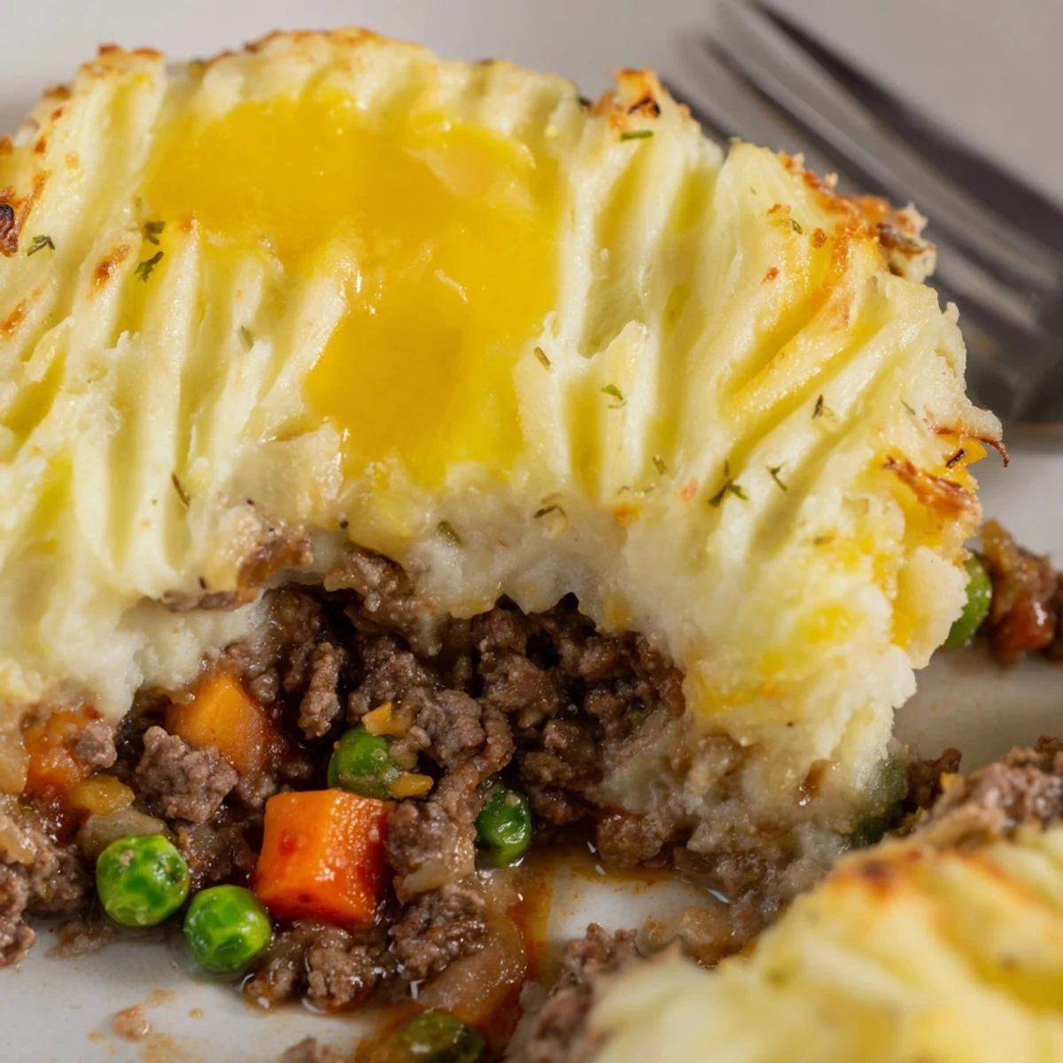 Serving spoon lifting a portion of beef shepherd's pie revealing a rich mix of ground beef, peas, and creamy mashed potatoes.