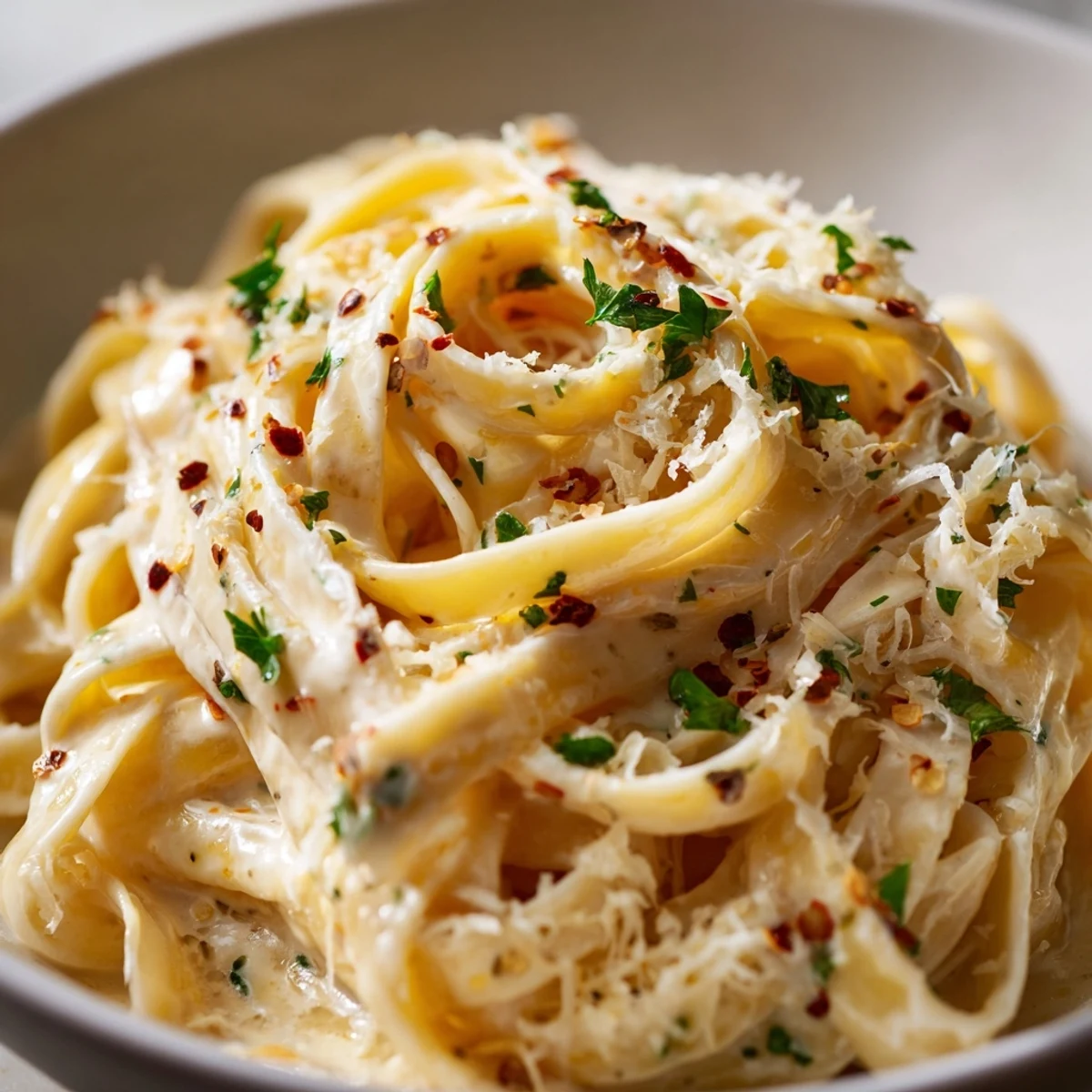 A serving of Creamy Garlic Pasta in a skillet, with steam rising from the rich, velvety sauce.
