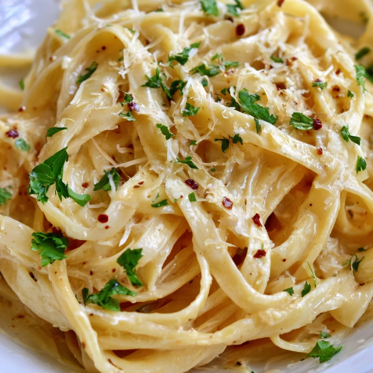 Plated Creamy Garlic Pasta with a fork twirling noodles, set against a rustic wooden background.