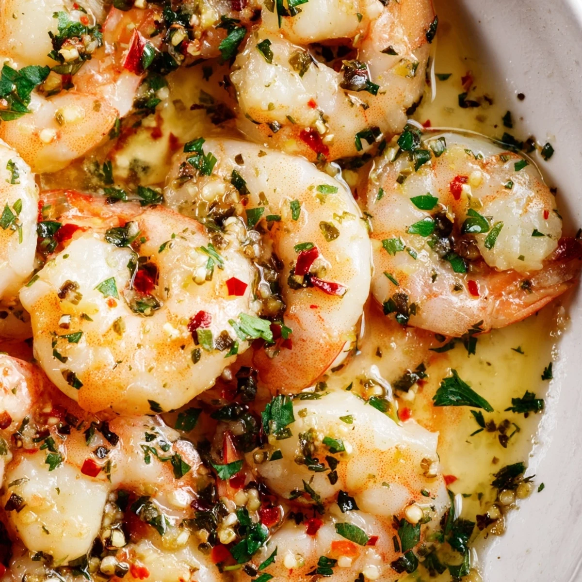 Close-up of Lemon Garlic Shrimp served over pasta, showcasing the glossy, aromatic lemon-garlic butter coating.  