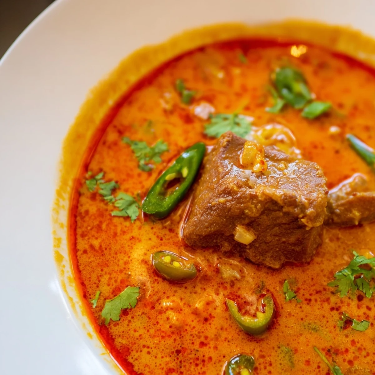 A close-up of the Spicy Beef Curry in a white bowl, garnished with fresh cilantro, next to a serving spoon and steamed basmati rice.