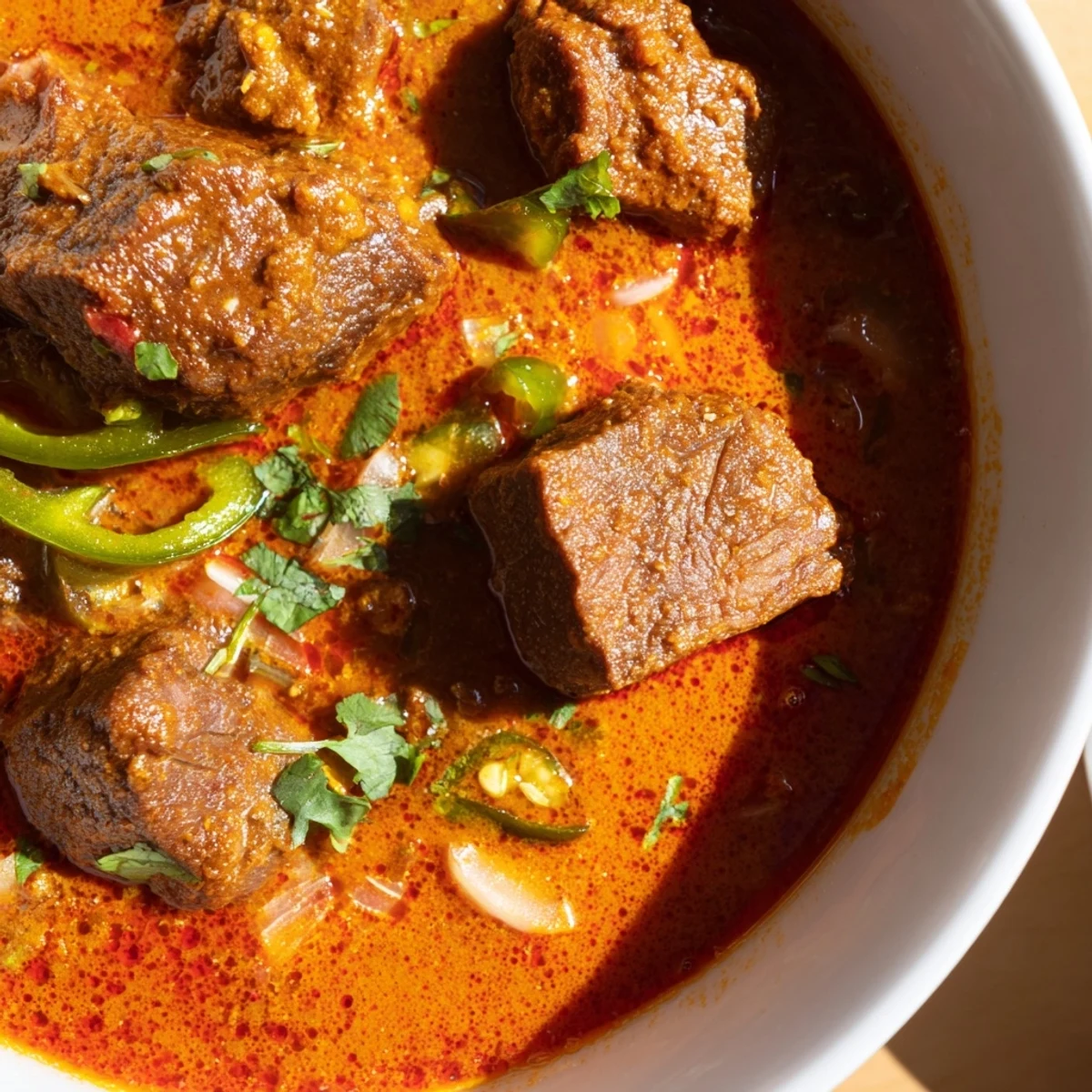 Spicy Beef Curry steams in a rustic ceramic bowl, its rich red-brown sauce clinging to tender beef chunks and fresh cilantro.