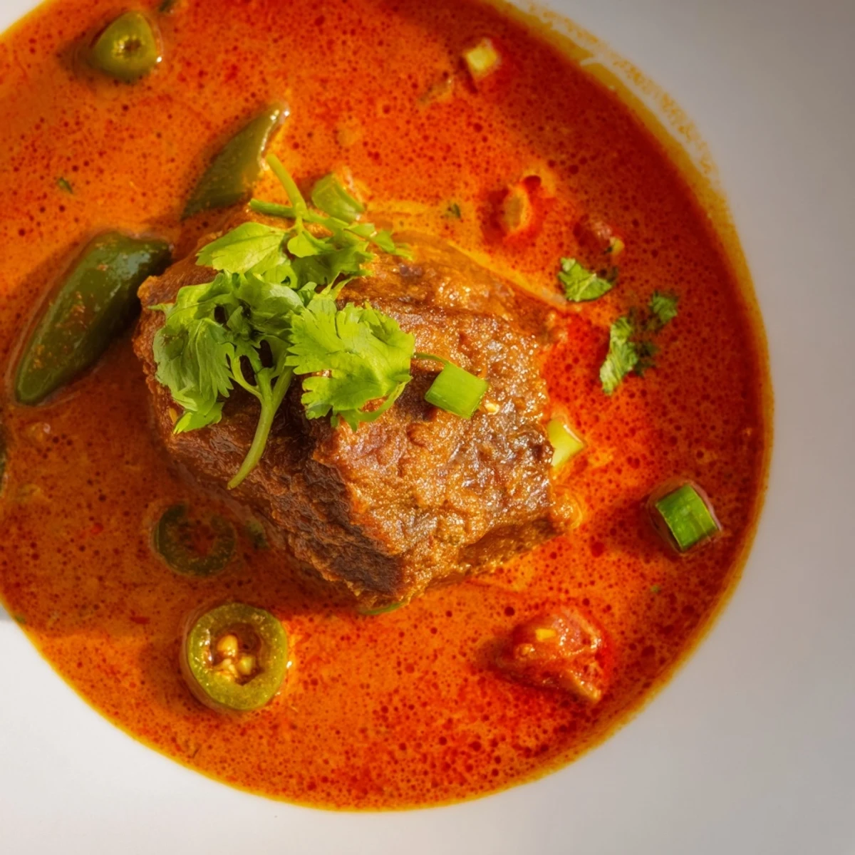 The Spicy Beef Curry is served in a clay pot with a side of fluffy naan bread, perfect for dipping into the aromatic sauce.