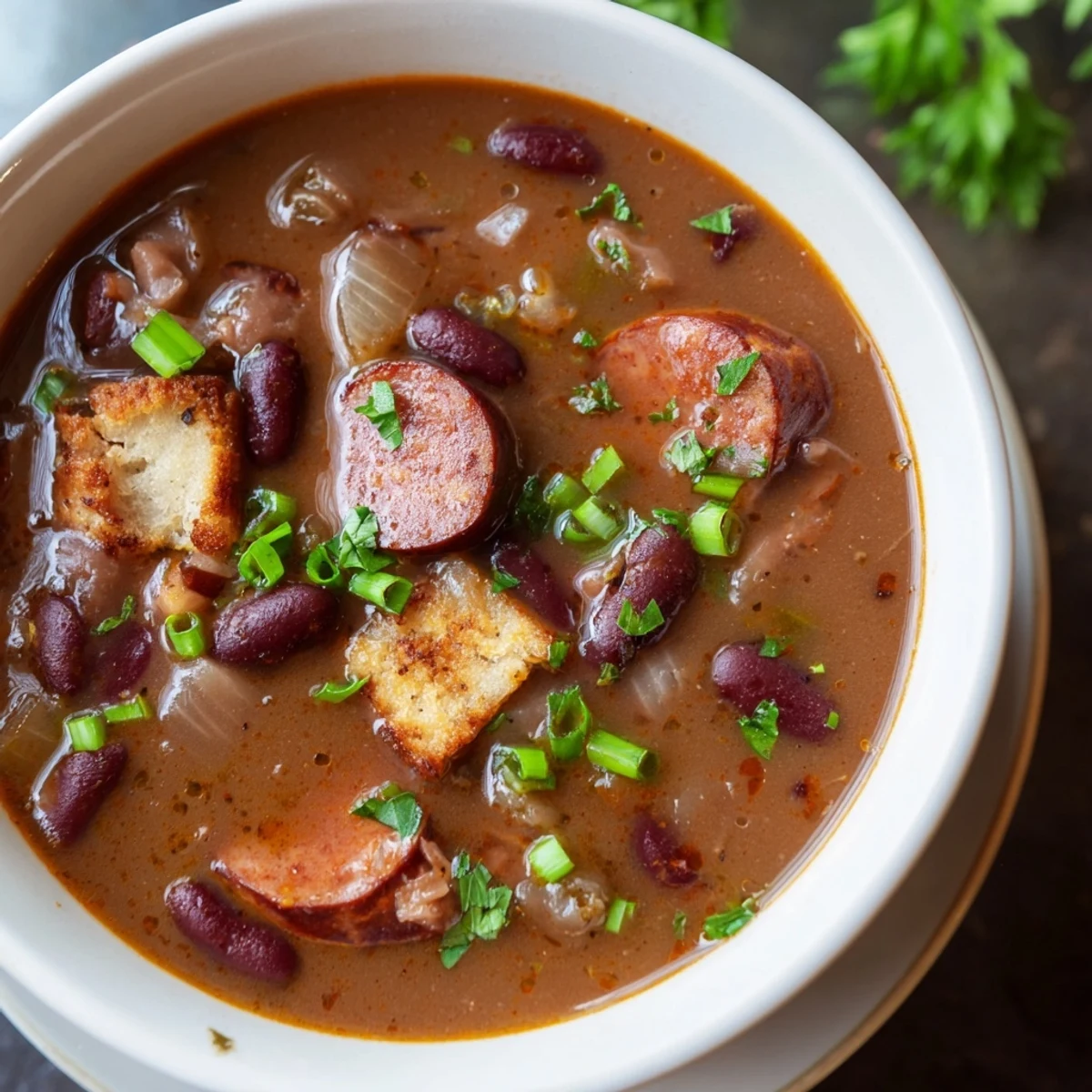 Ladle of steaming Louisiana Red Bean Soup with smoked sausage, tender beans, and fresh green onion garnish.
