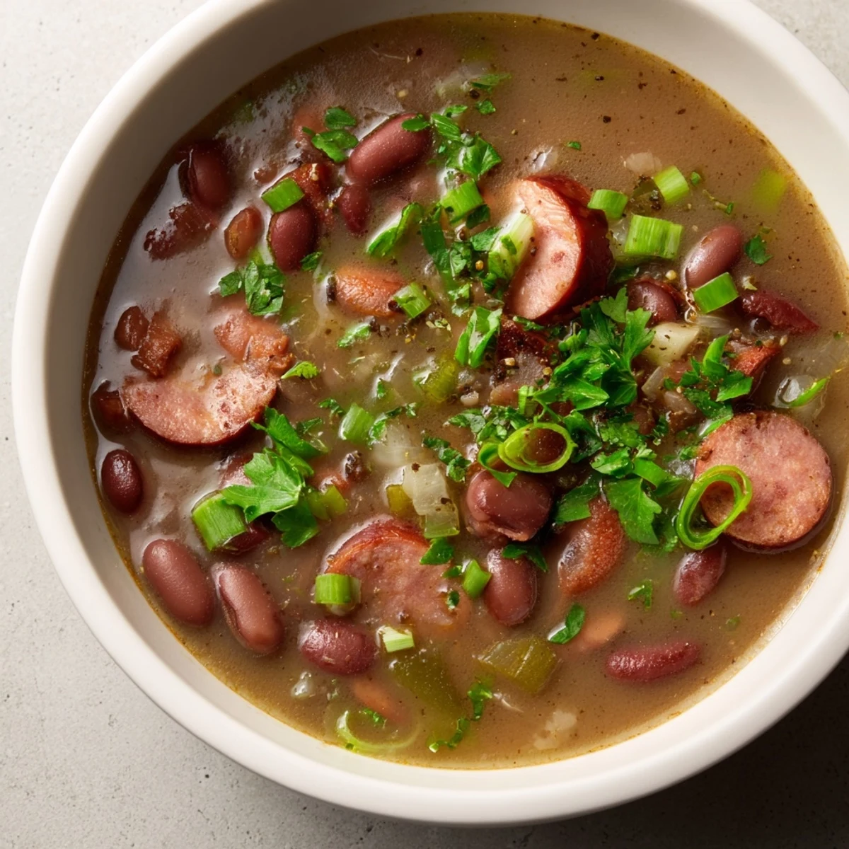 Hearty bowl of Louisiana Red Bean Soup served over fluffy white rice, featuring Andouille sausage and vegetables.