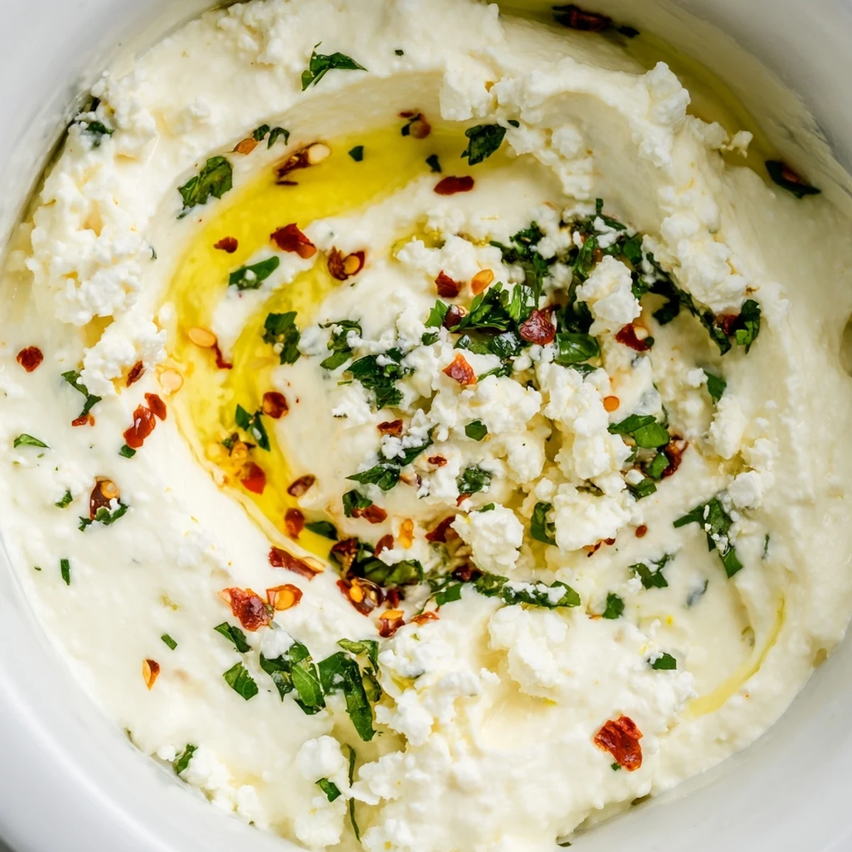 A close-up view of Halftime Spicy Feta Dip, highlighting its bold, creamy texture and spicy kick for game day snacking.