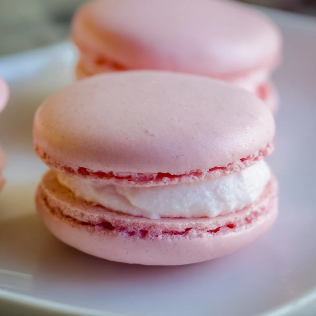 Close-up of Pink Strawberry Macarons showcasing textured almond shells and luscious pink filling.