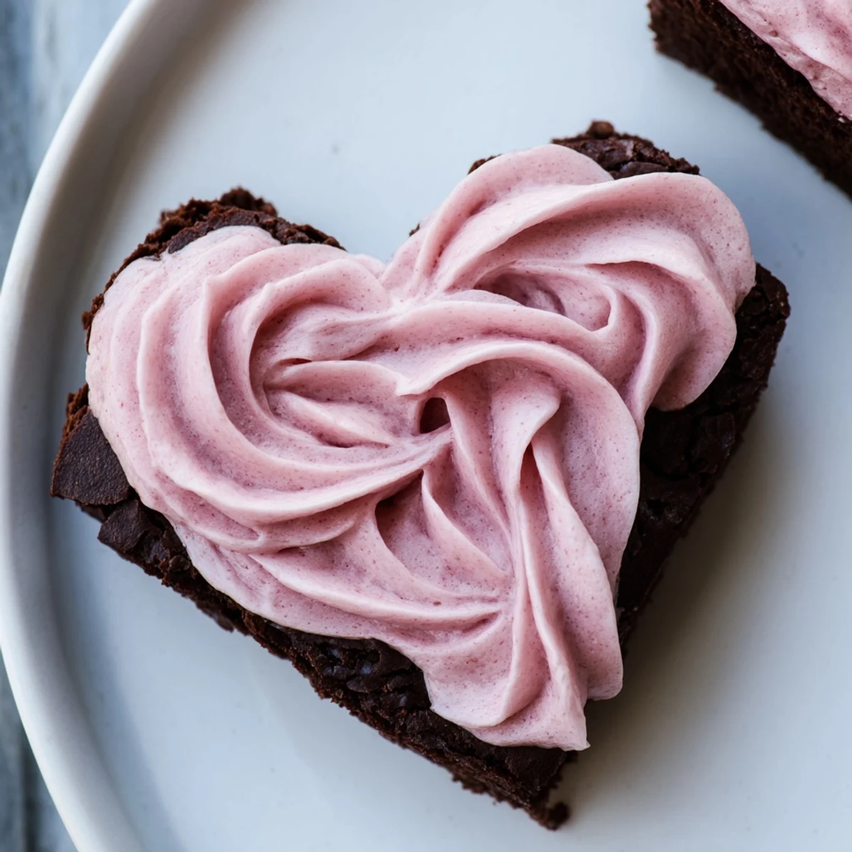A close-up of a heart shaped brownie with pink frosting shows moist crumbs and a creamy, sweet topping.