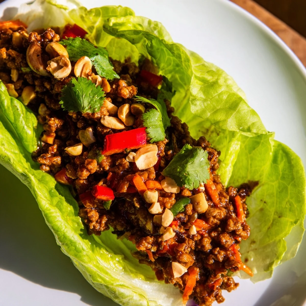 Hearty Beef Lettuce Wraps with Hoisin Sauce are garnished with chopped peanuts and cilantro, ready to wrap and serve immediately.
