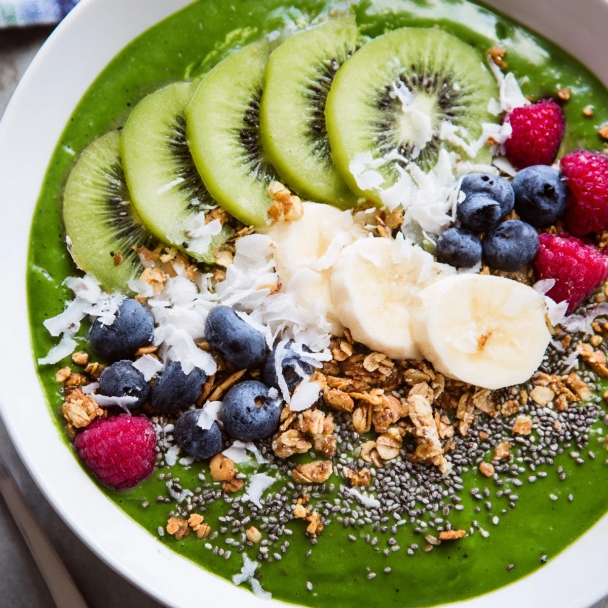 Green Smoothie Bowl with Kiwi and Chia topped with fresh berries, granola, and creamy banana slices.  