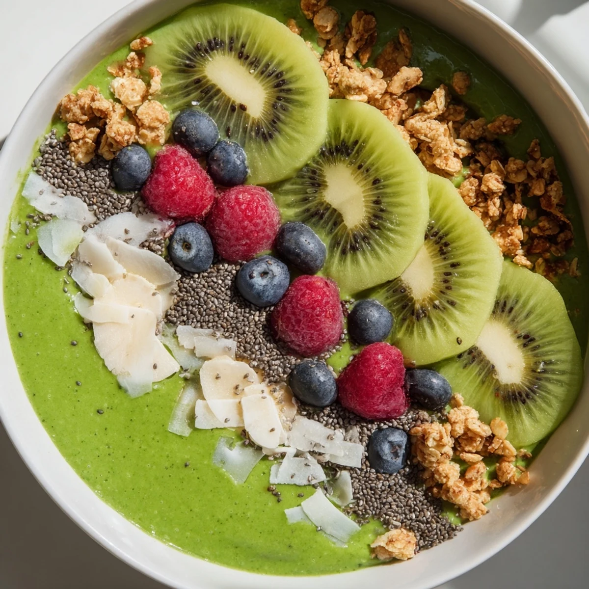 A vibrant Green Smoothie Bowl with Kiwi and Chia, served chilled with crunchy toppings for a refreshing breakfast.  