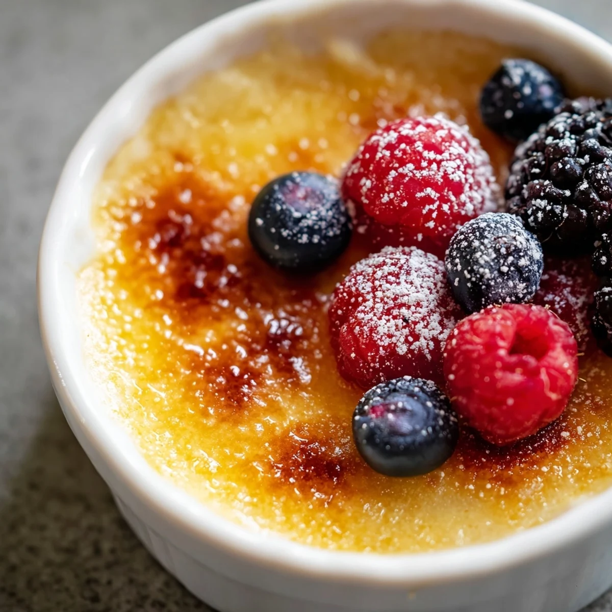 A close-up of Romantic Crème Brûlée with Berries, featuring a glossy, crackled caramelized sugar topping over smooth vanilla custard, garnished with vibrant mixed berries.