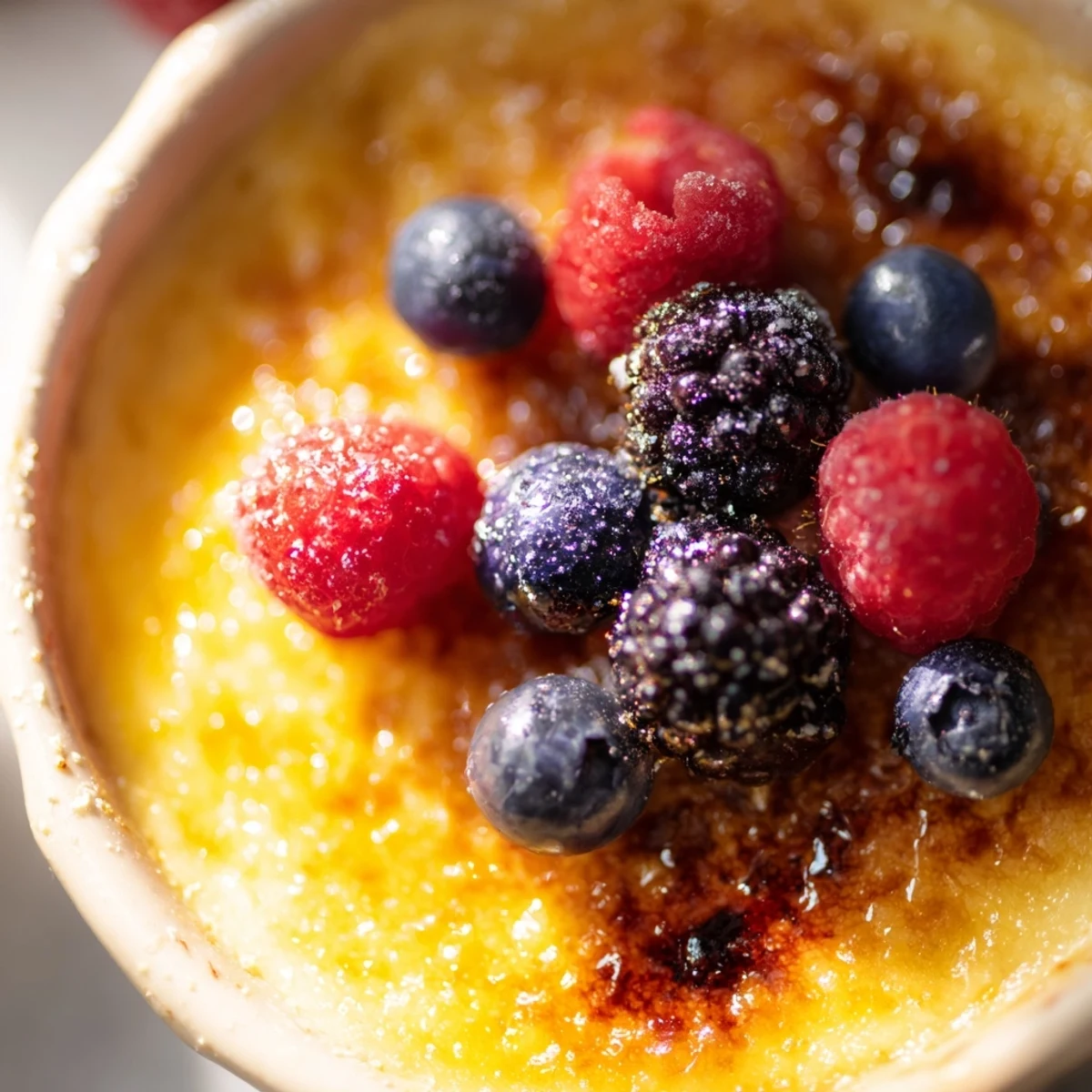 Four elegant ramekins of Romantic Crème Brûlée with Berries showcase silky custard under a crisp sugar shell, topped with juicy berries for a sweet, romantic touch.