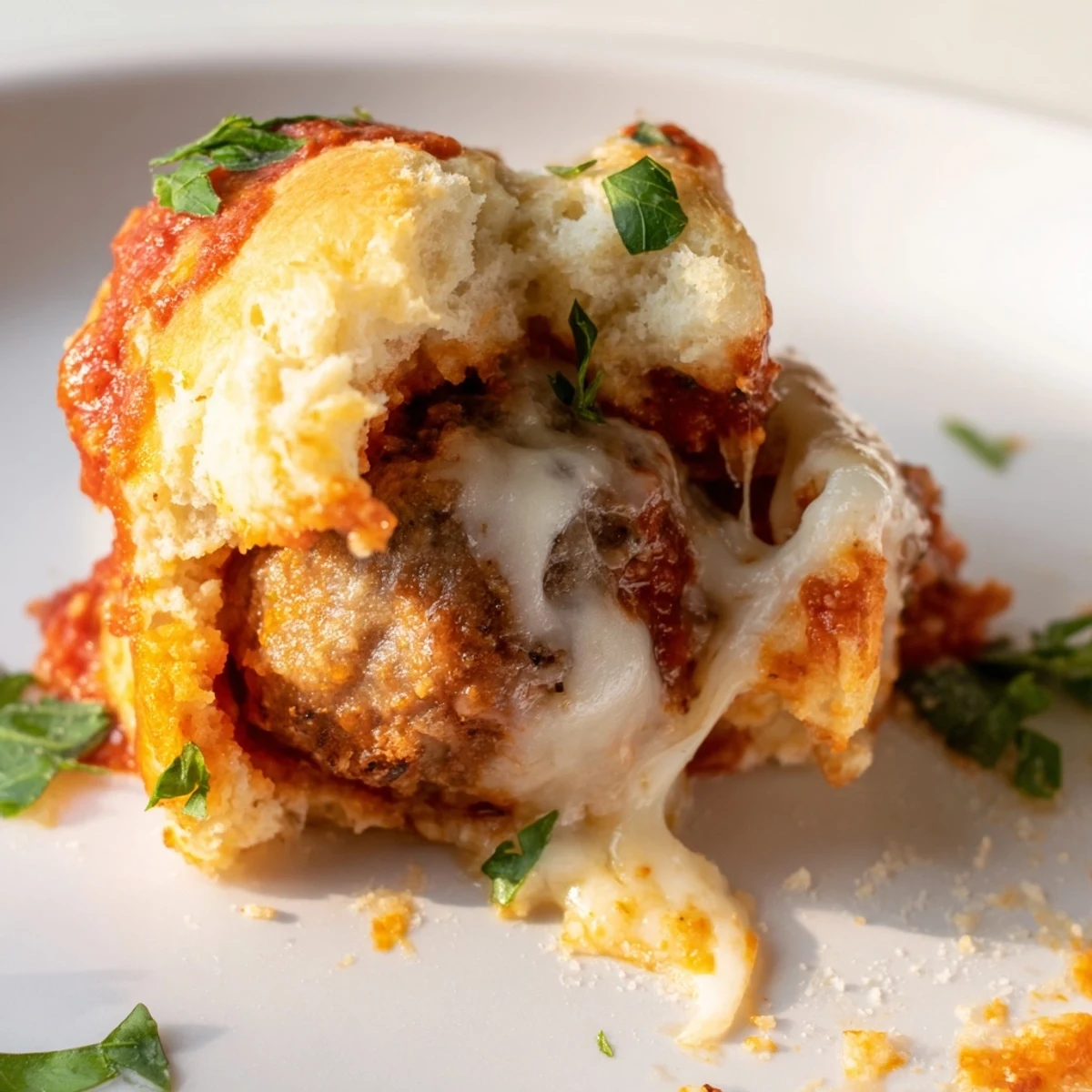 Golden-brown Game Day Meatball Sub Bites rest on a platter, showcasing melted mozzarella and vibrant marinara sauce oozing from biscuit dough cups.
