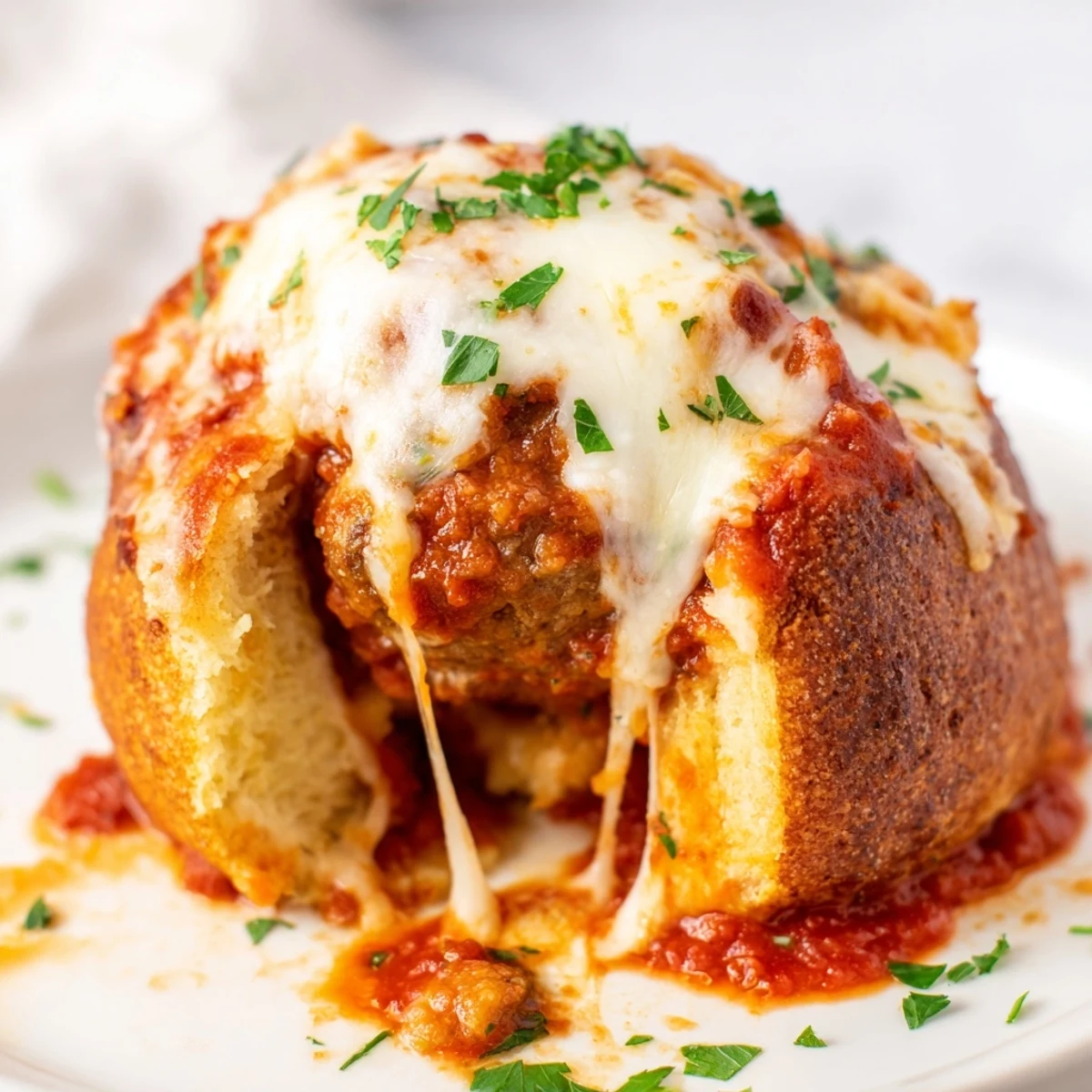A close-up view of warm Game Day Meatball Sub Bites reveals juicy meatballs nestled in golden dough, topped with fresh parsley garnish.