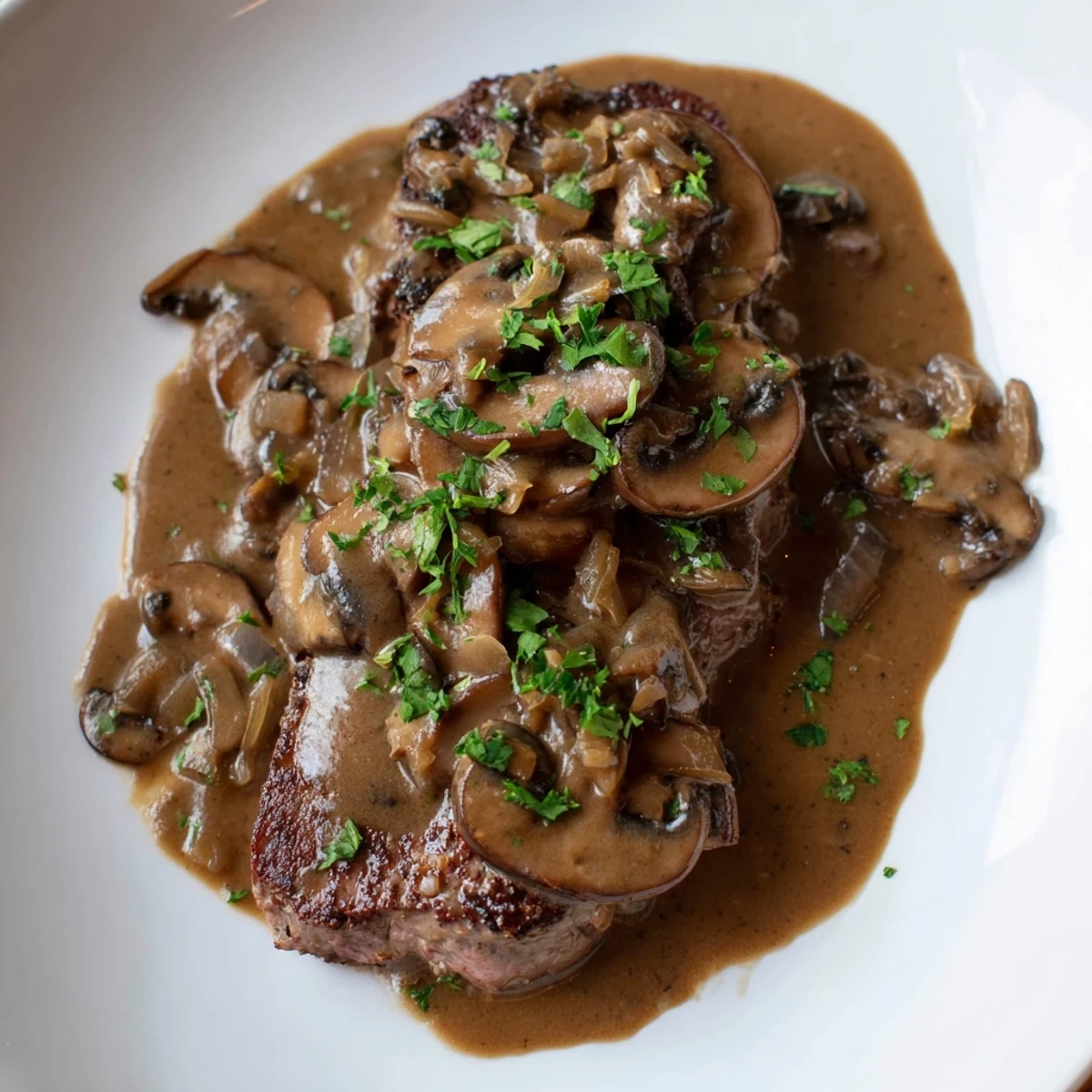 Golden seared steak Diane with sautéed mushrooms and parsley garnish, swimming in a rich, creamy cognac pan sauce.