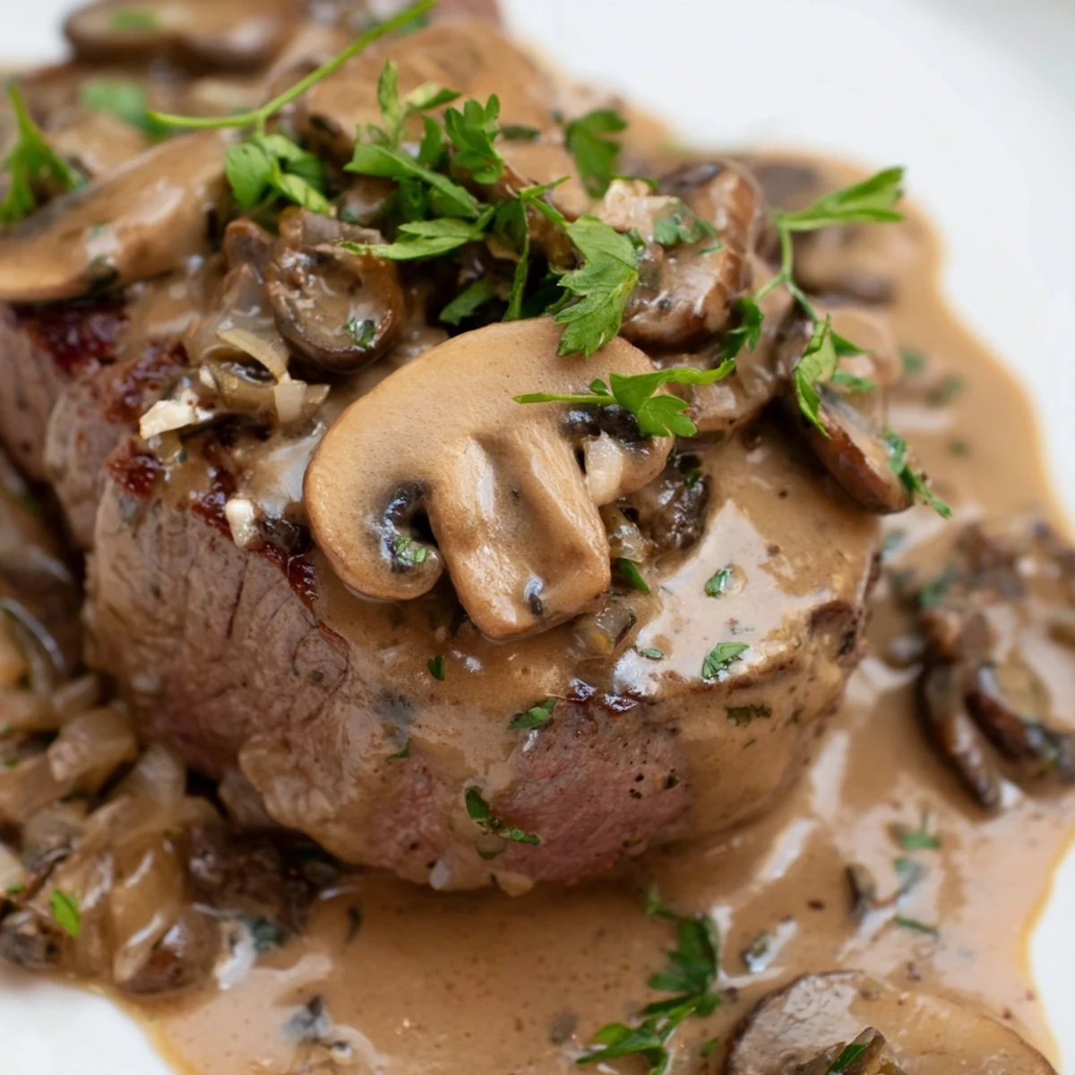 Freshly seared Steak Diane with mushrooms, shallots, and a flambéed cognac sauce, ready to be spooned over steak.