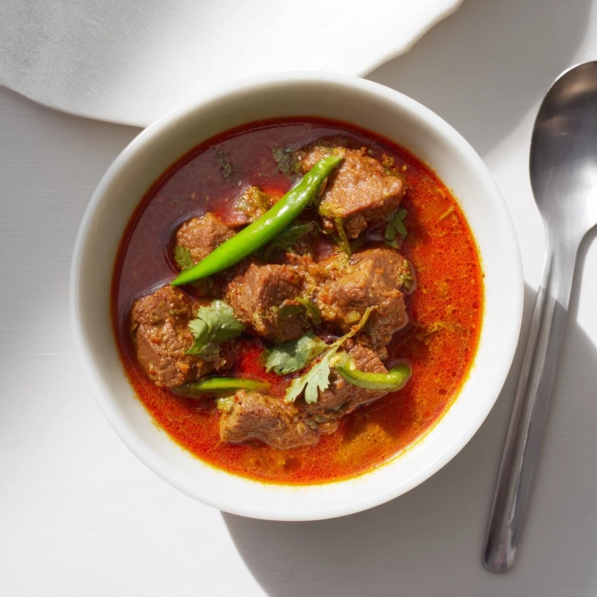 Tender cubes of beef simmered in a spicy, aromatic tomato-based curry, garnished with fresh cilantro and served over steaming white basmati rice.  