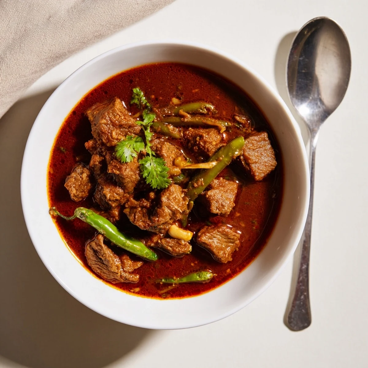 Close-up of a hearty bowl of Spicy Beef Curry, its thick, glossy sauce clinging to tender meat, with a side of fluffy rice for a complete meal.
