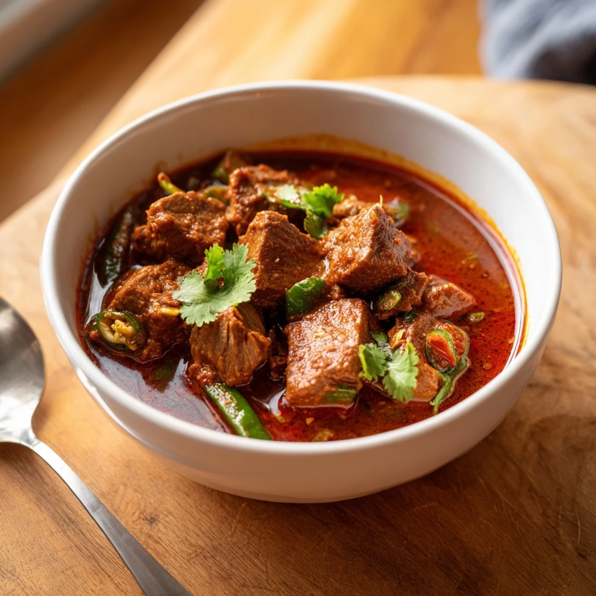 A rich, bubbling pot of Spicy Beef Curry with deep red hues, fresh ginger, and whole spices, ready to be scooped with warm naan bread.  
