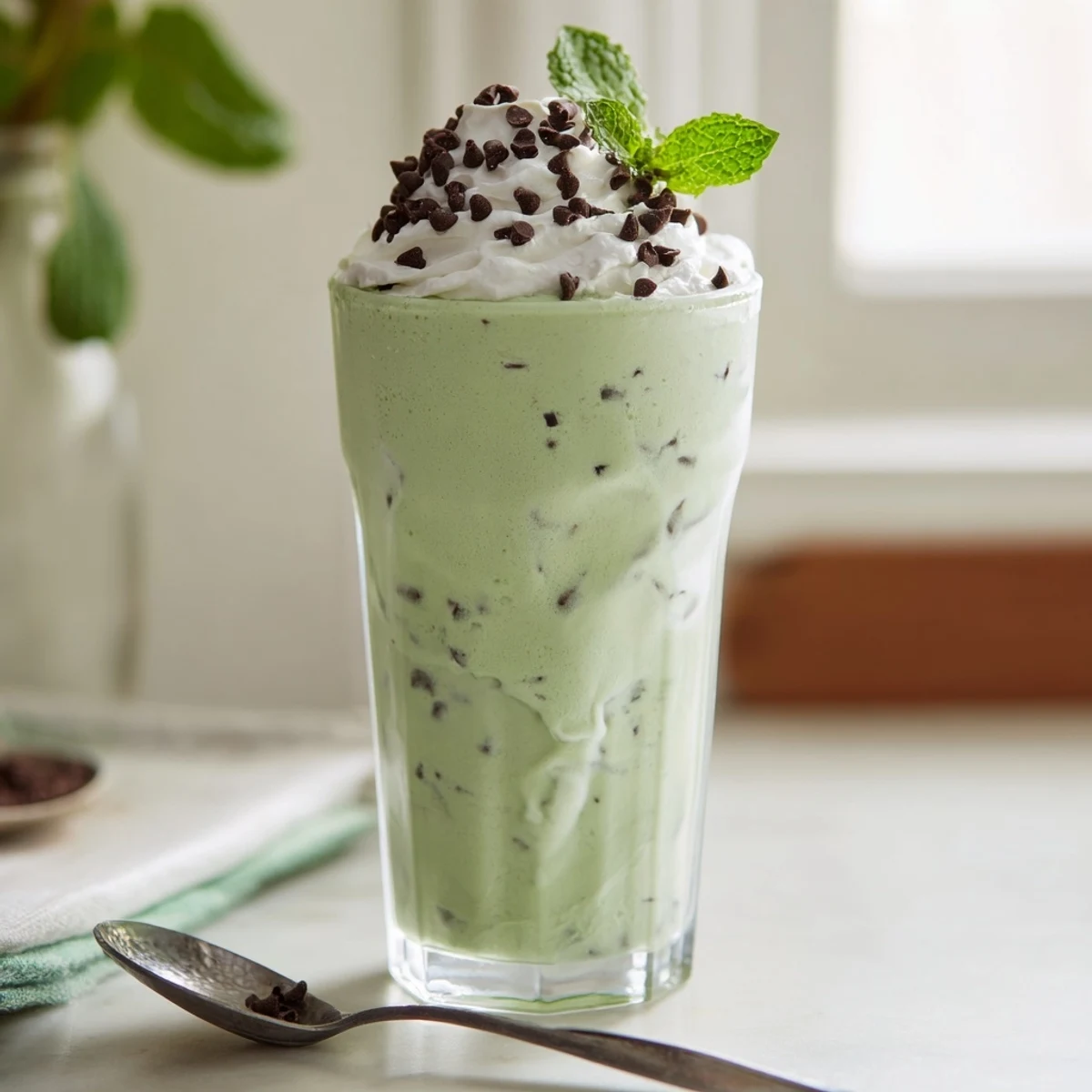 A close-up of a vibrant Green Mint Chip Milkshake topped with whipped cream, chocolate chips, and a fresh mint sprig.