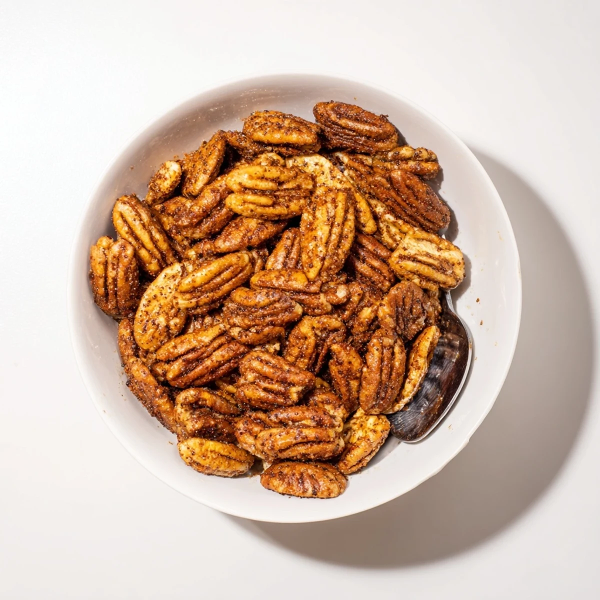 Freshly baked Cajun Spiced Pecans piled high in a ceramic bowl, ready for snacking or salad topping.