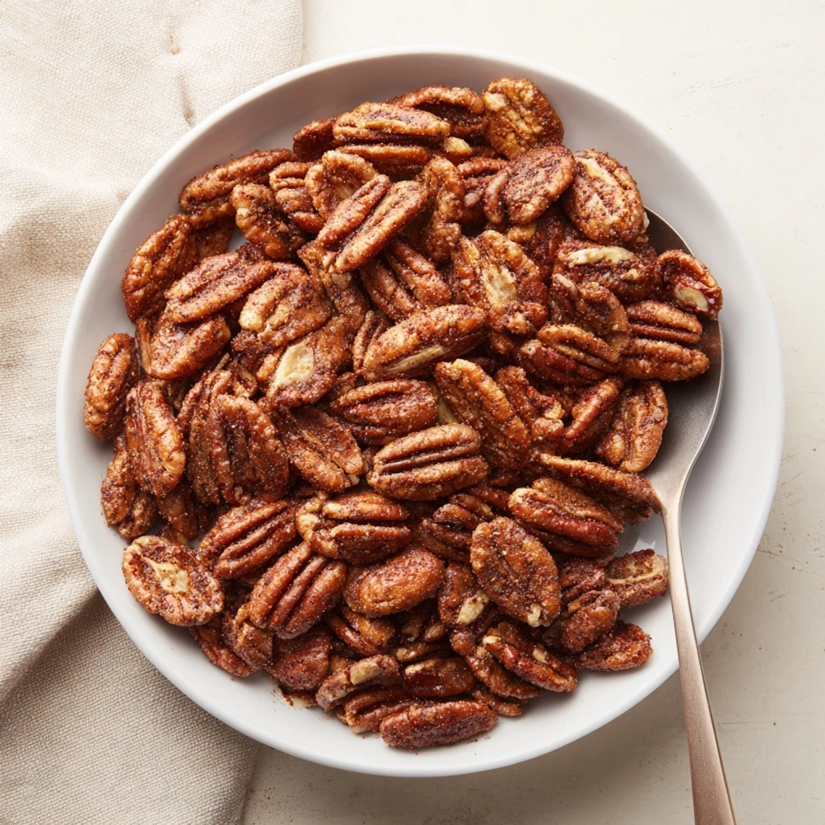 Golden-brown Cajun Spiced Pecans glisten on a rustic wooden board, showcasing their bold, smoky coating.