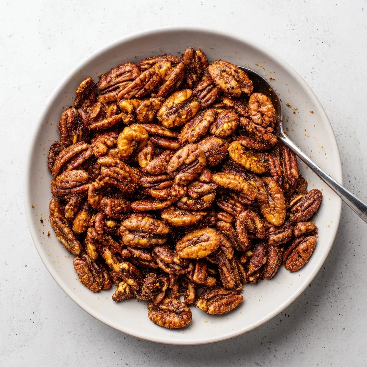 Roasted Cajun Spiced Pecans cooling on a wire rack, emitting a warm, spicy aroma from the oven.