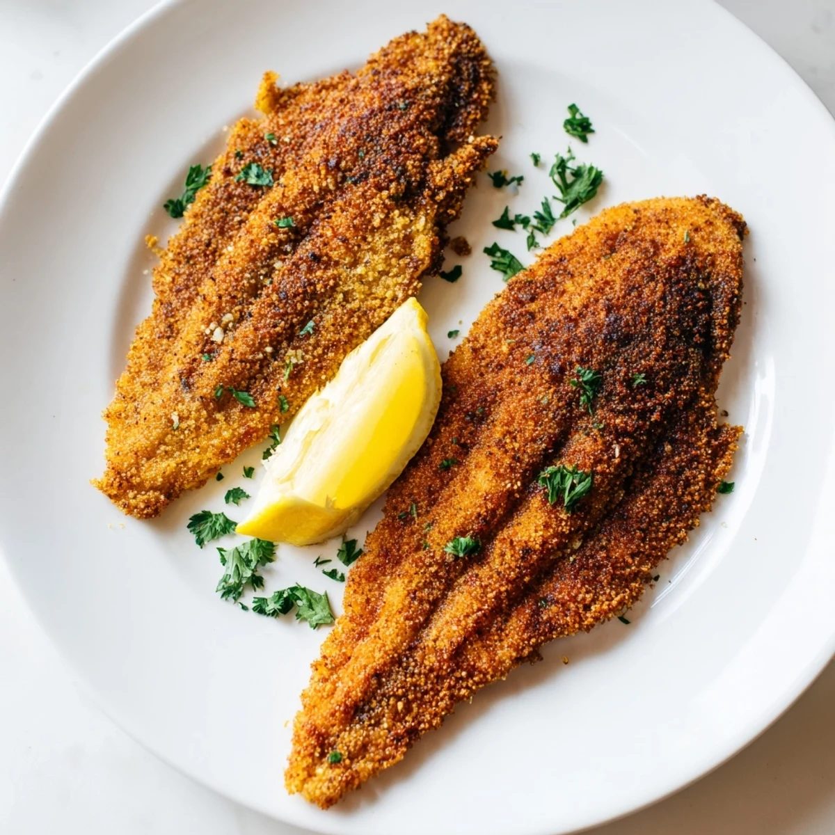 Hot Cajun Fish Fry fillets draining on paper towels, steam rising, with lemon wedges and parsley ready for serving.