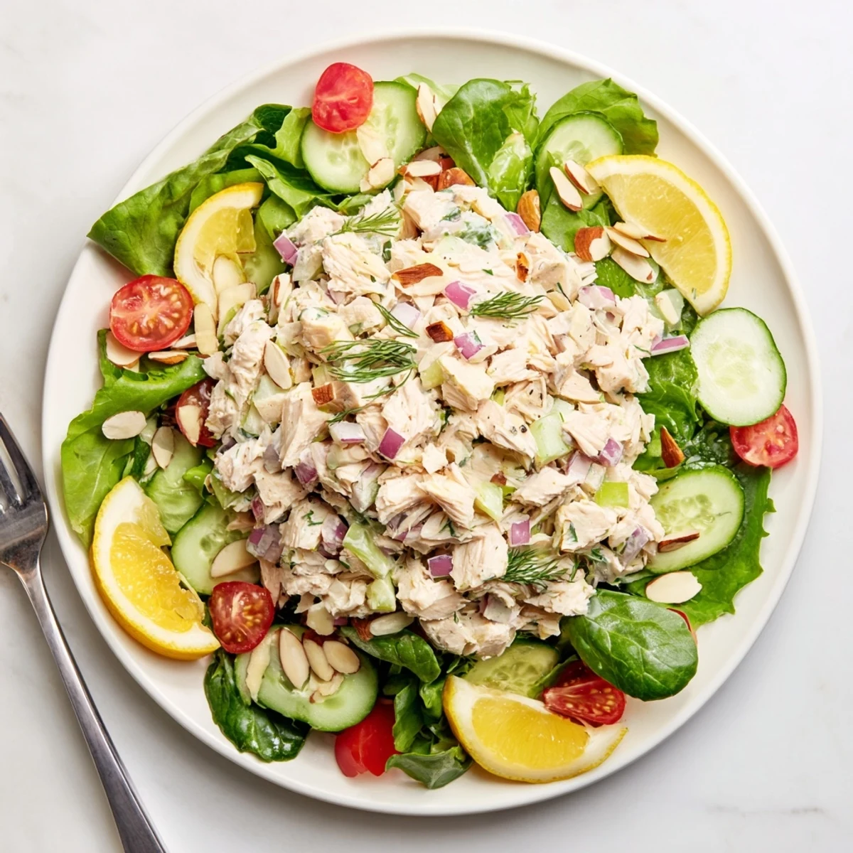 A generous scoop of chicken salad on fresh greens topped with cherry tomatoes and cucumber slices.  