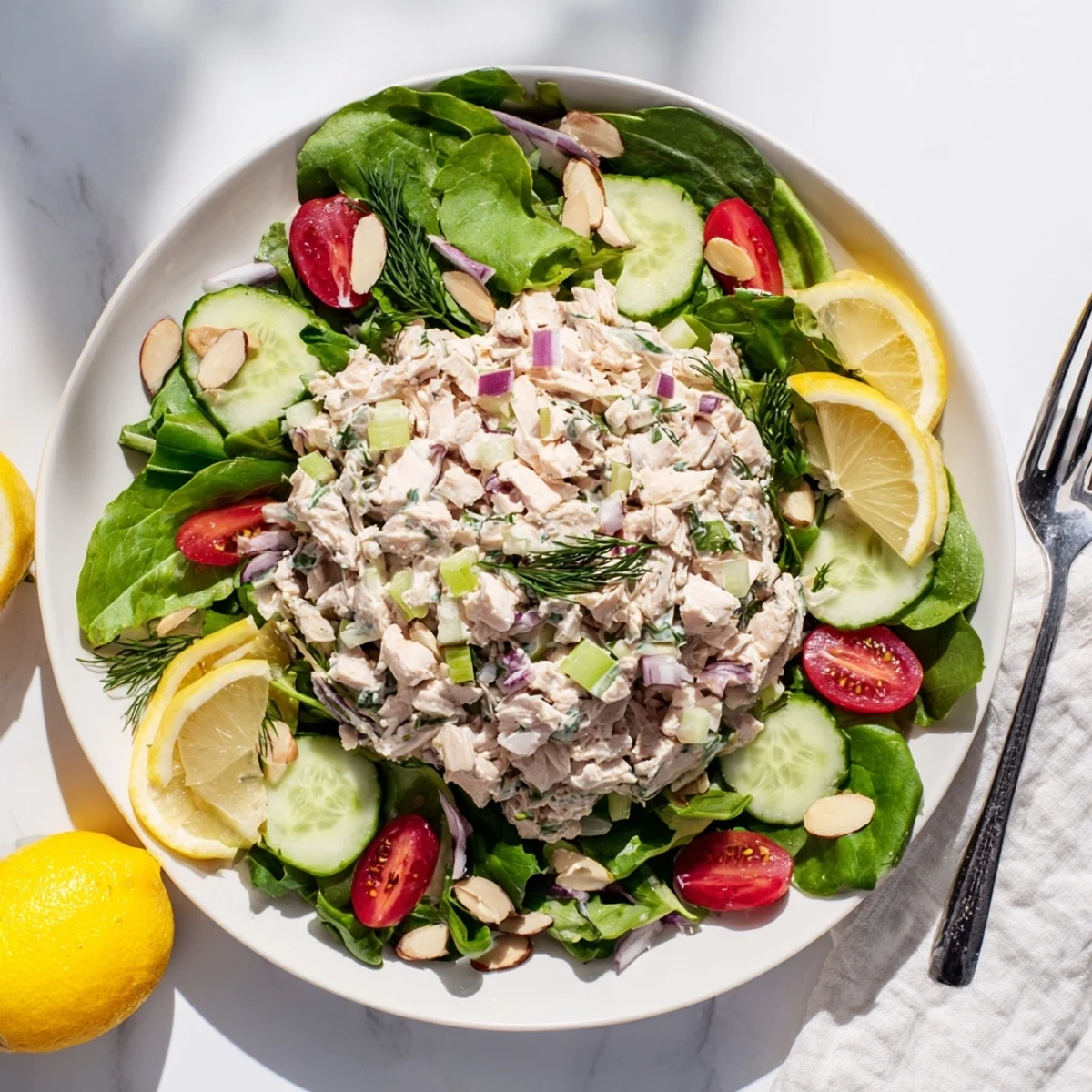 Bright lemon wedges and dill garnish this healthy, gluten-free chicken salad scoop on greens.  
