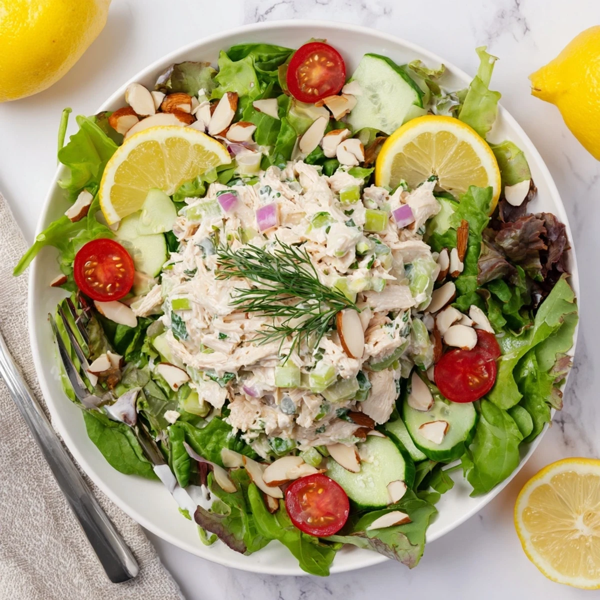 Creamy chicken salad nestled on crisp greens with crunchy almonds and fresh vegetables.