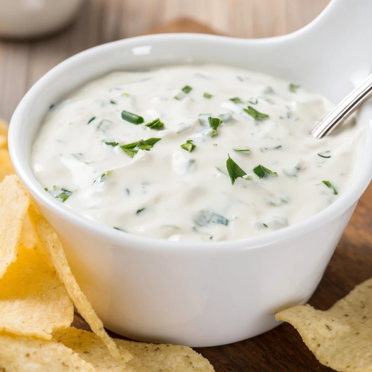 A close-up of a bowl of creamy dip, garnished with fresh chives and parsley, surrounded by golden potato chips on a rustic platter.