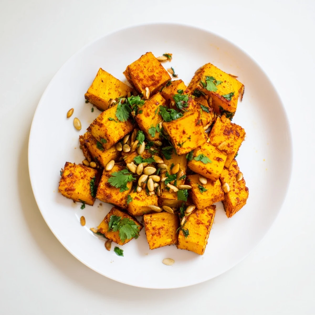 A warm, inviting image of Roasted Pumpkin Cubes glistening after roasting, ready to be served.