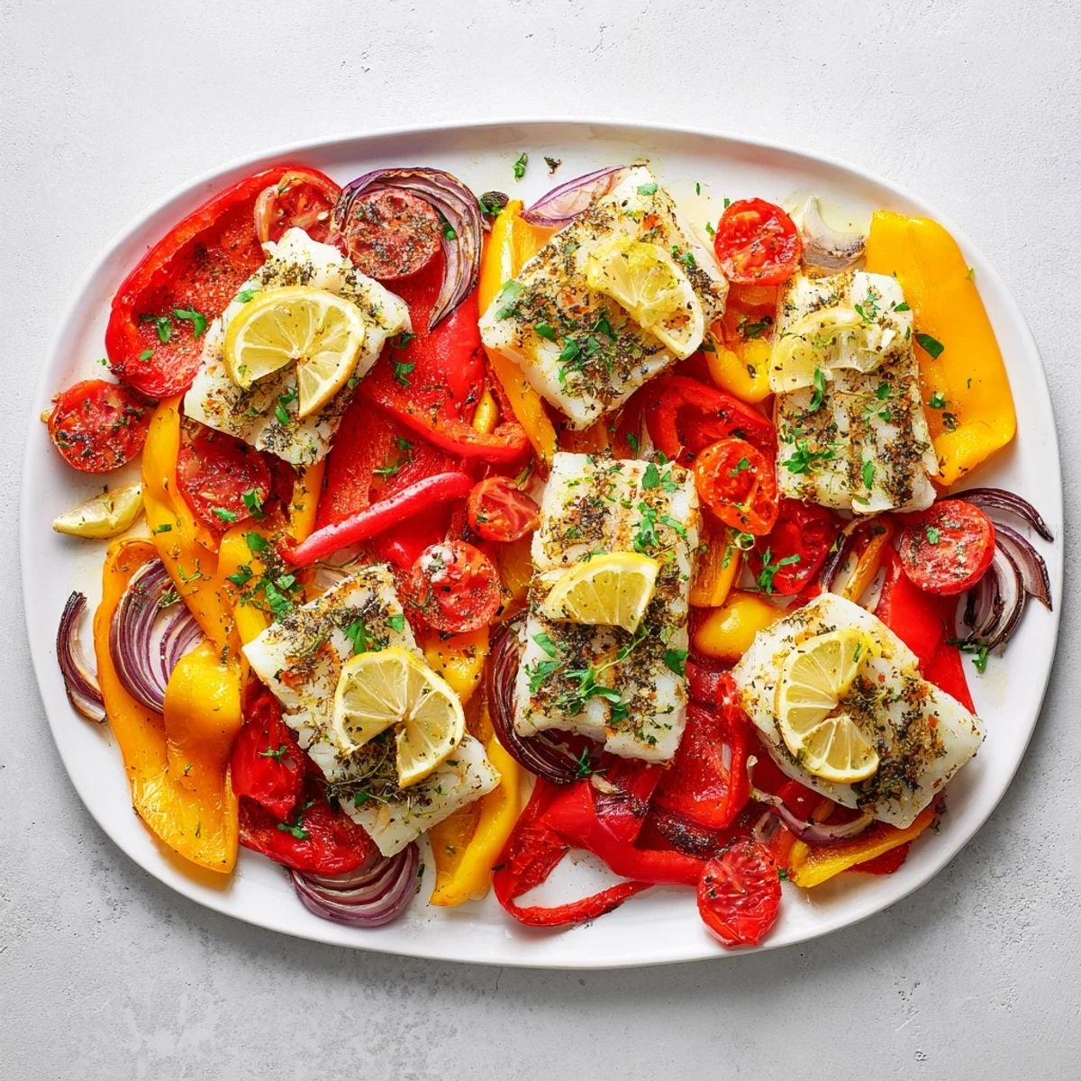 Golden-baked cod fillets rest on a colorful medley of roasted bell peppers and cherry tomatoes, garnished with fresh parsley and lemon slices.
