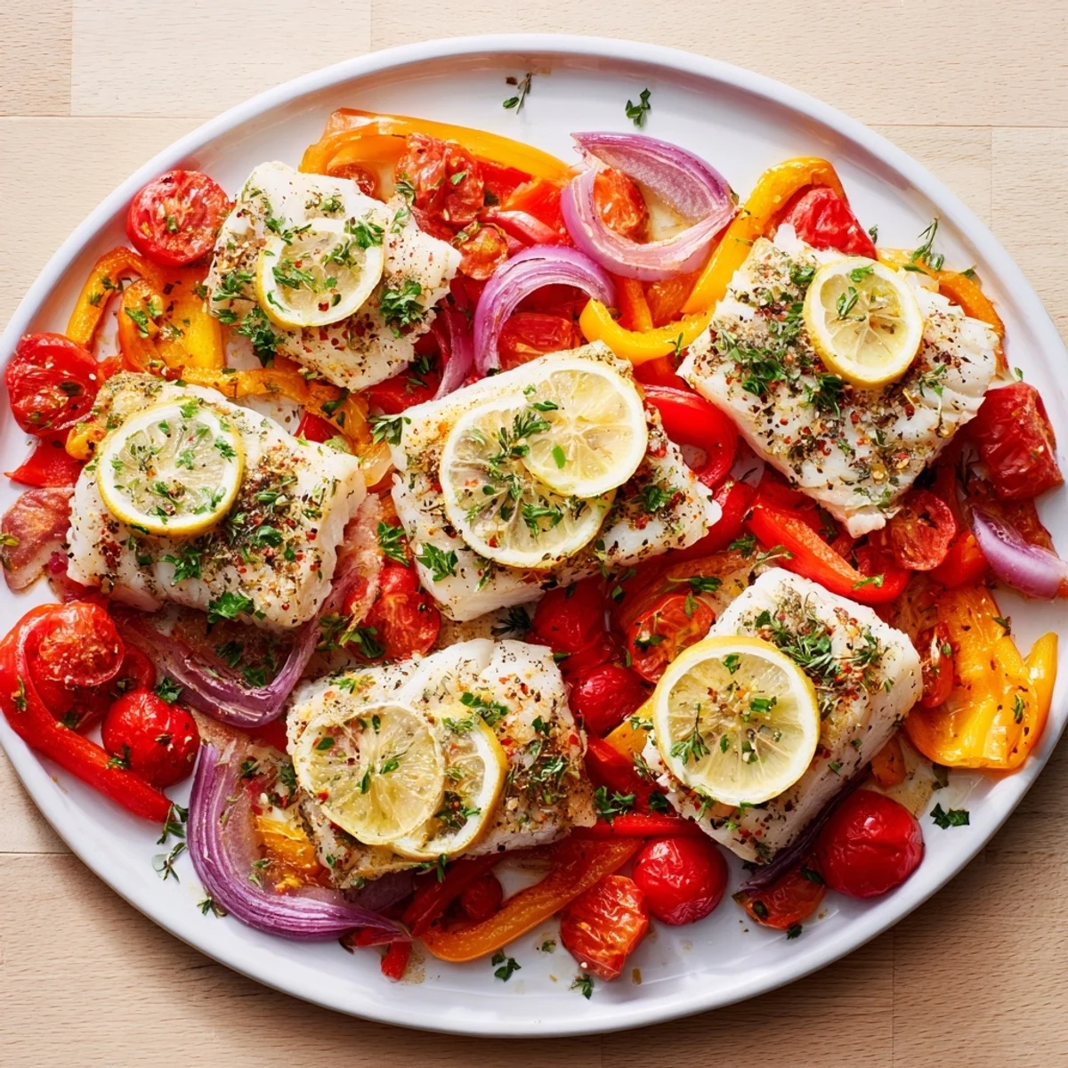 A close-up view of a healthy baked cod dinner, featuring juicy tomatoes and peppers, ready to be enjoyed.