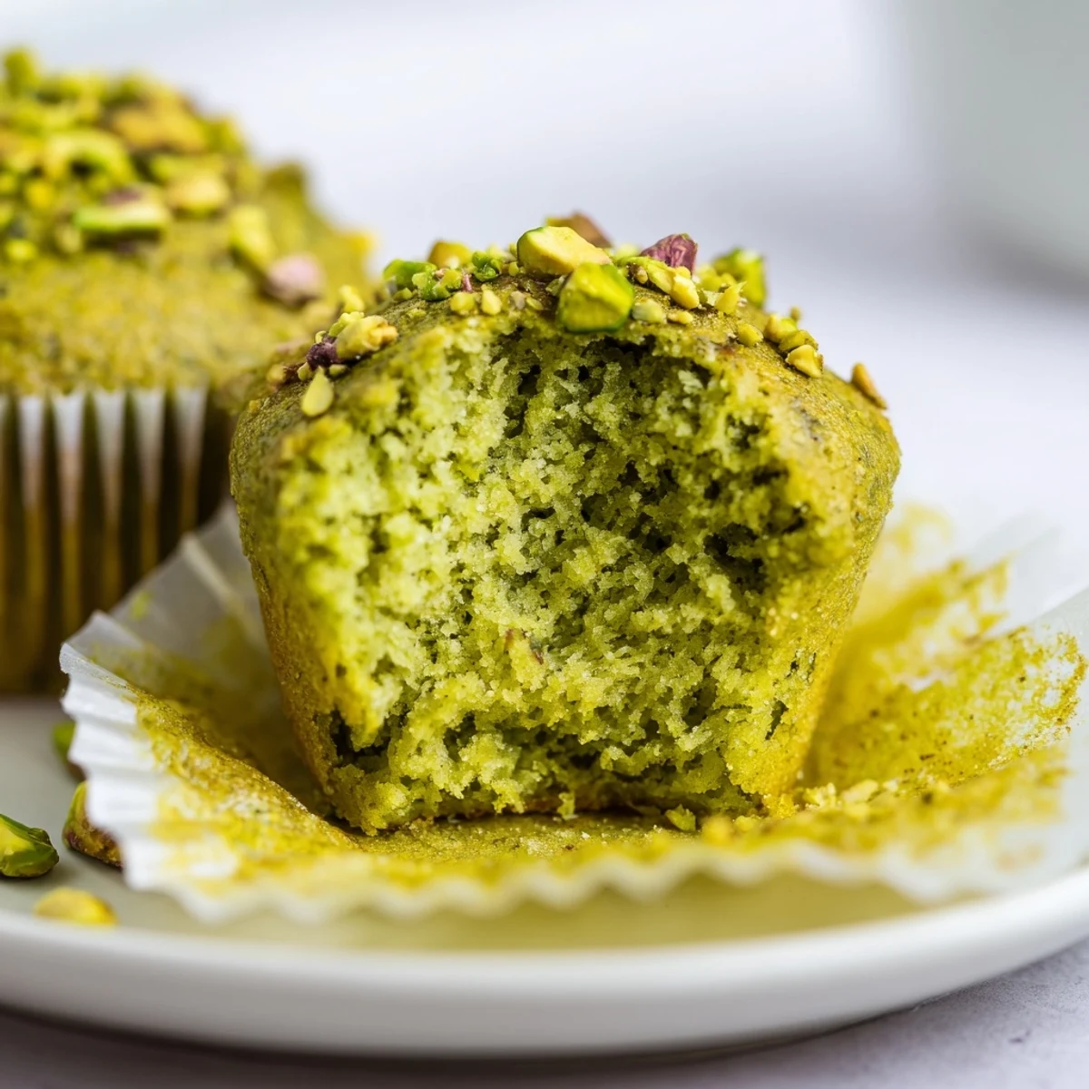 Moist and crumbly Green Pistachio Muffins lined up on a parchment-lined tray, ready to be enjoyed with a glass of milk.