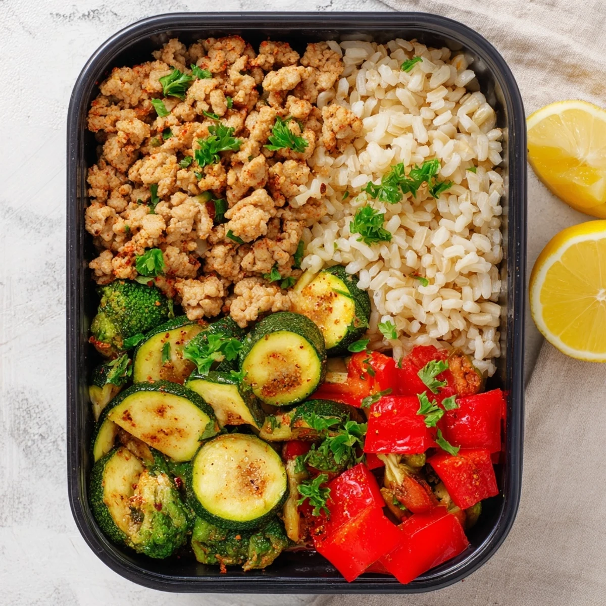 Packed Turkey Meal Prep Containers show juicy turkey and caramelized veggies, ideal for a healthy high-protein lunch on busy days.