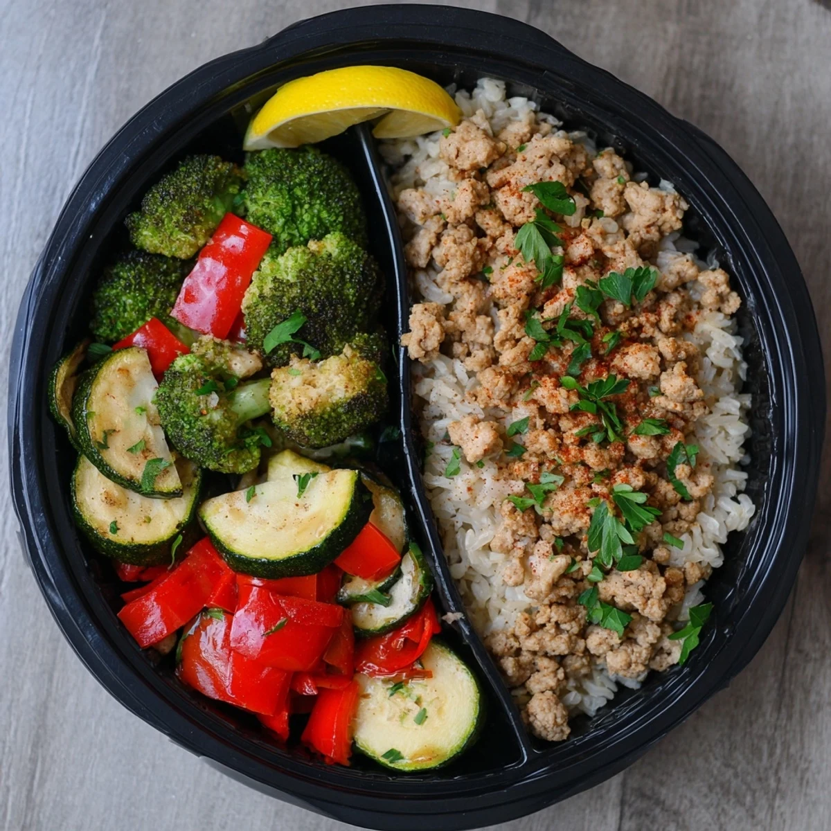 Freshly prepared Turkey Meal Prep Containers feature golden roasted zucchini and cherry tomatoes, topped with parsley and lemon wedges for zest.