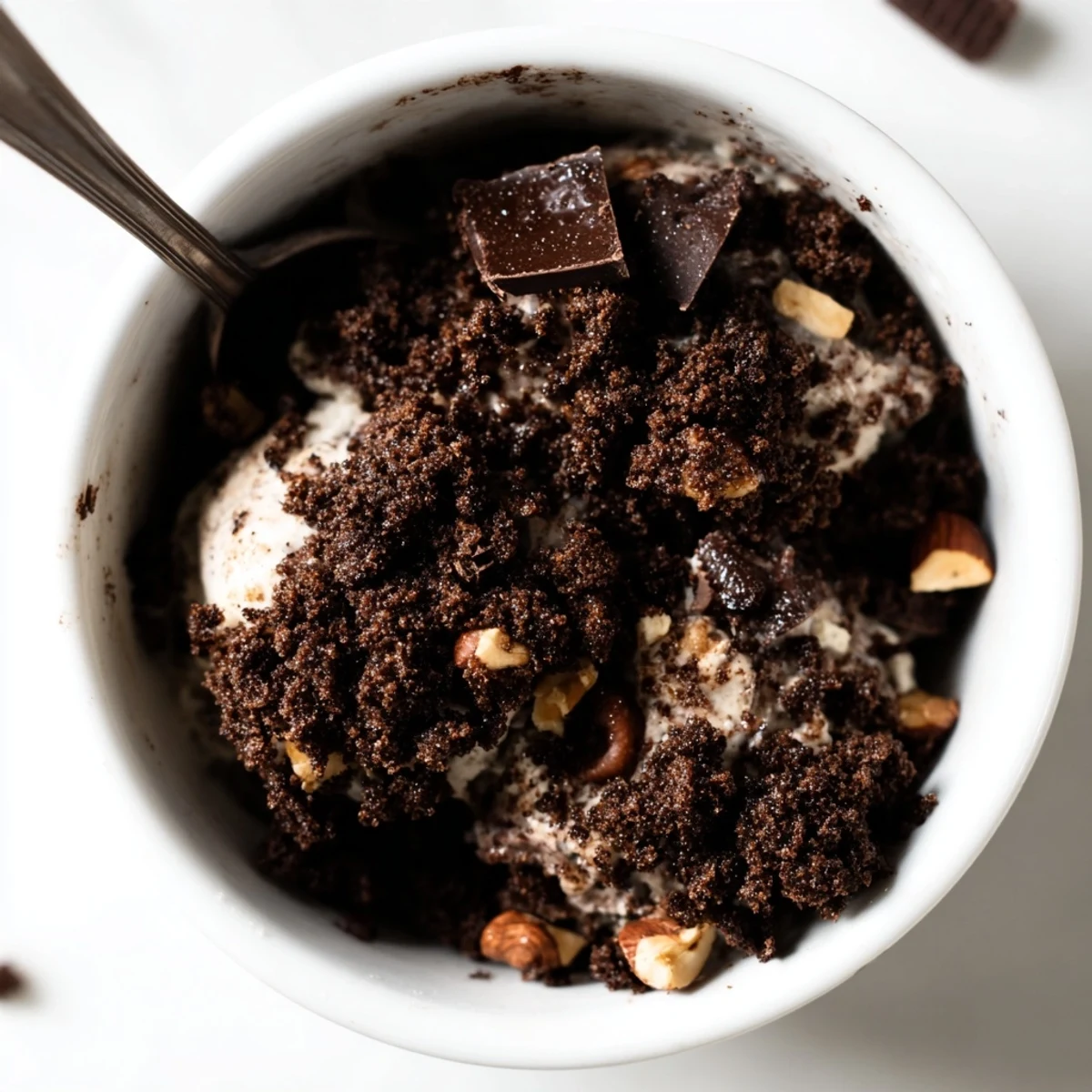 A bowl of Chocolate Cookie Crumble Topping features coarse chocolate crumbs mixed with melted butter for a delicious garnish.