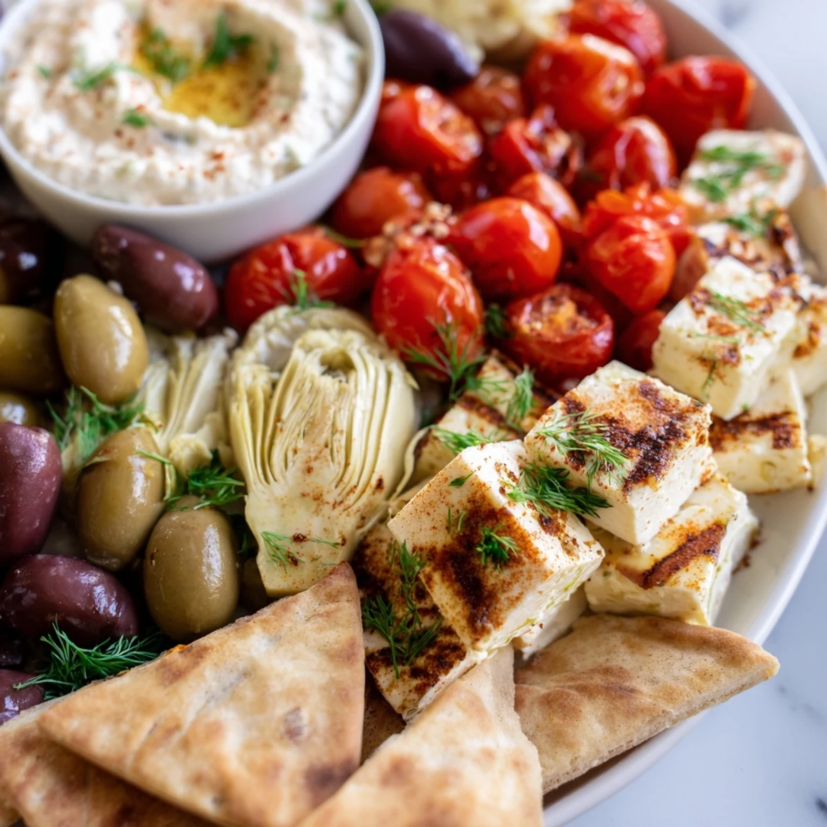 Vibrant Mediterranean dish platter featuring grilled halloumi, crisp vegetables, Kalamata olives, and a bowl of creamy dill yogurt dip.  