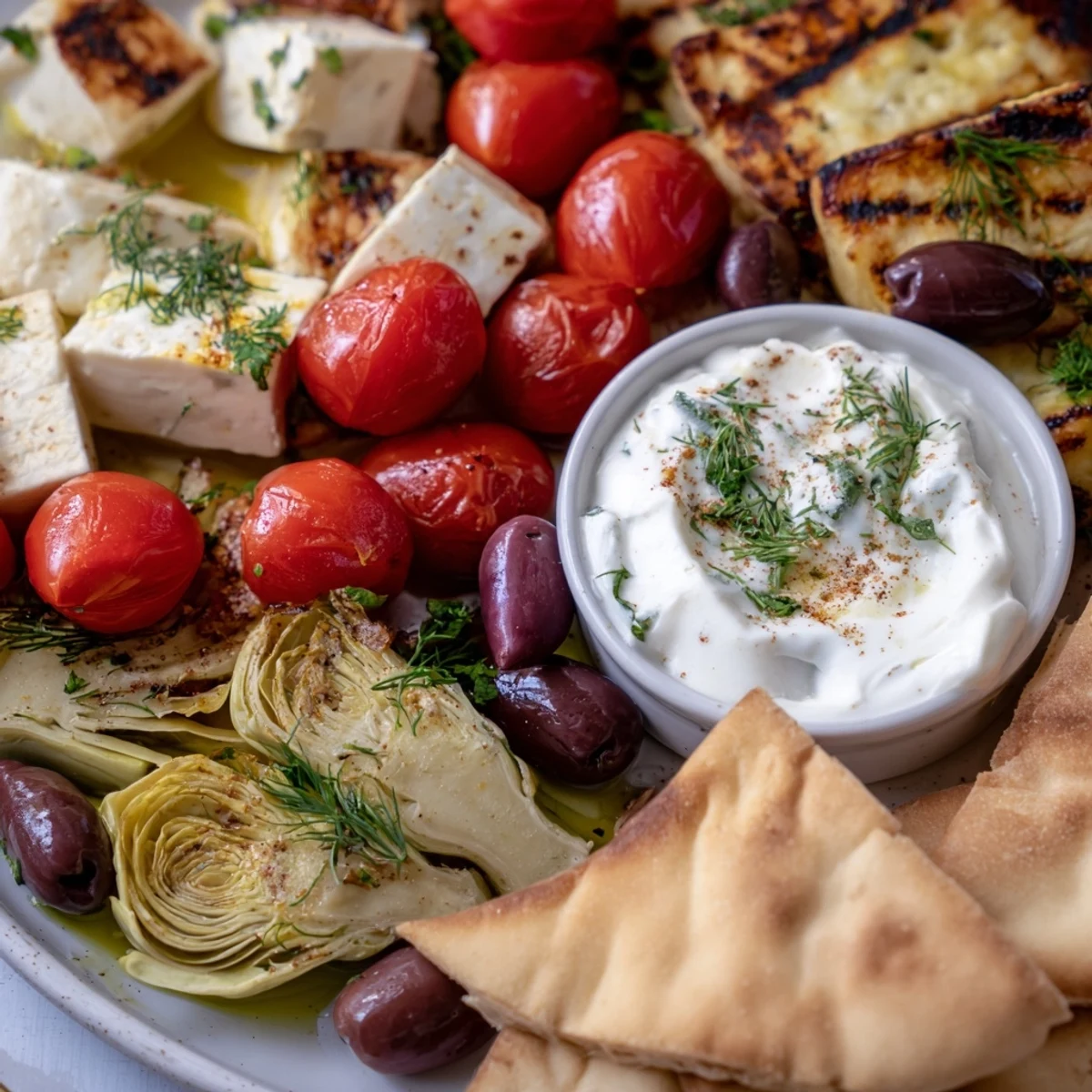 A colorful Mediterranean dish platter with creamy Greek yogurt dip, surrounded by fresh veggies, feta, halloumi, and warm pita wedges.  