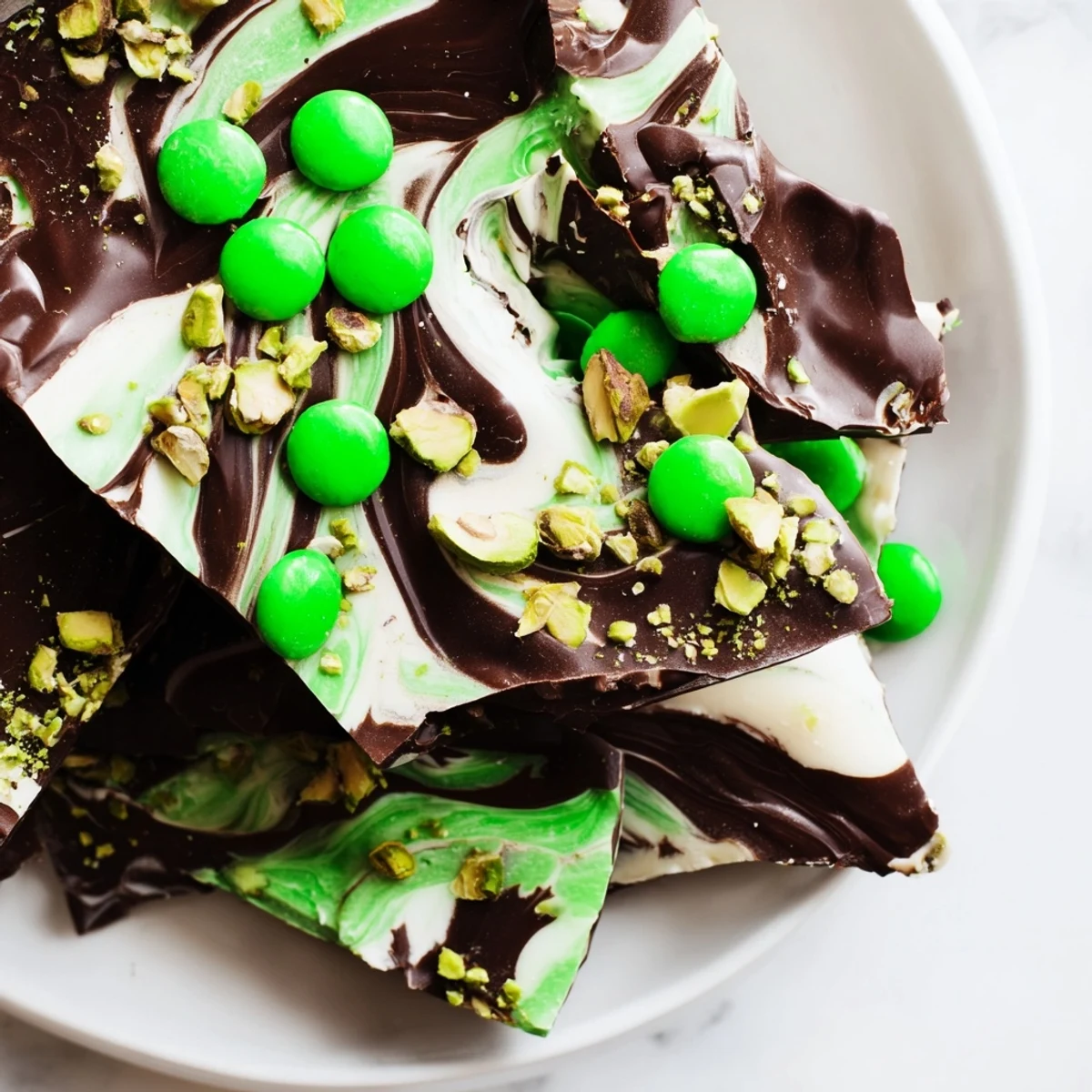 A close-up of St. Patricks Day Mint Chocolate Bark shows the marbled dark and white chocolate layers and pistachio pieces.