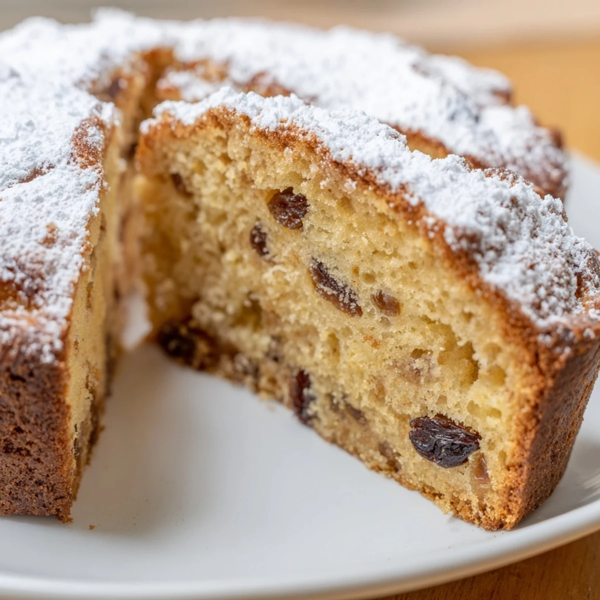 A close-up of Irish Tea Cake with plump raisins and a tender crumb, perfect for afternoon tea.
