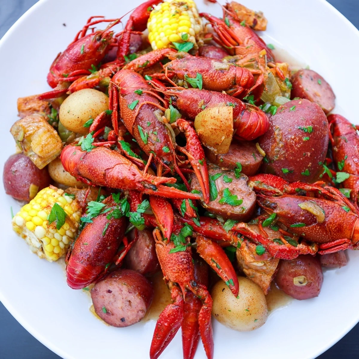 A steaming pot of Louisiana Style Crawfish Boil showcases plump crawfish, potatoes, and corn bathed in bold Cajun spices and butter.