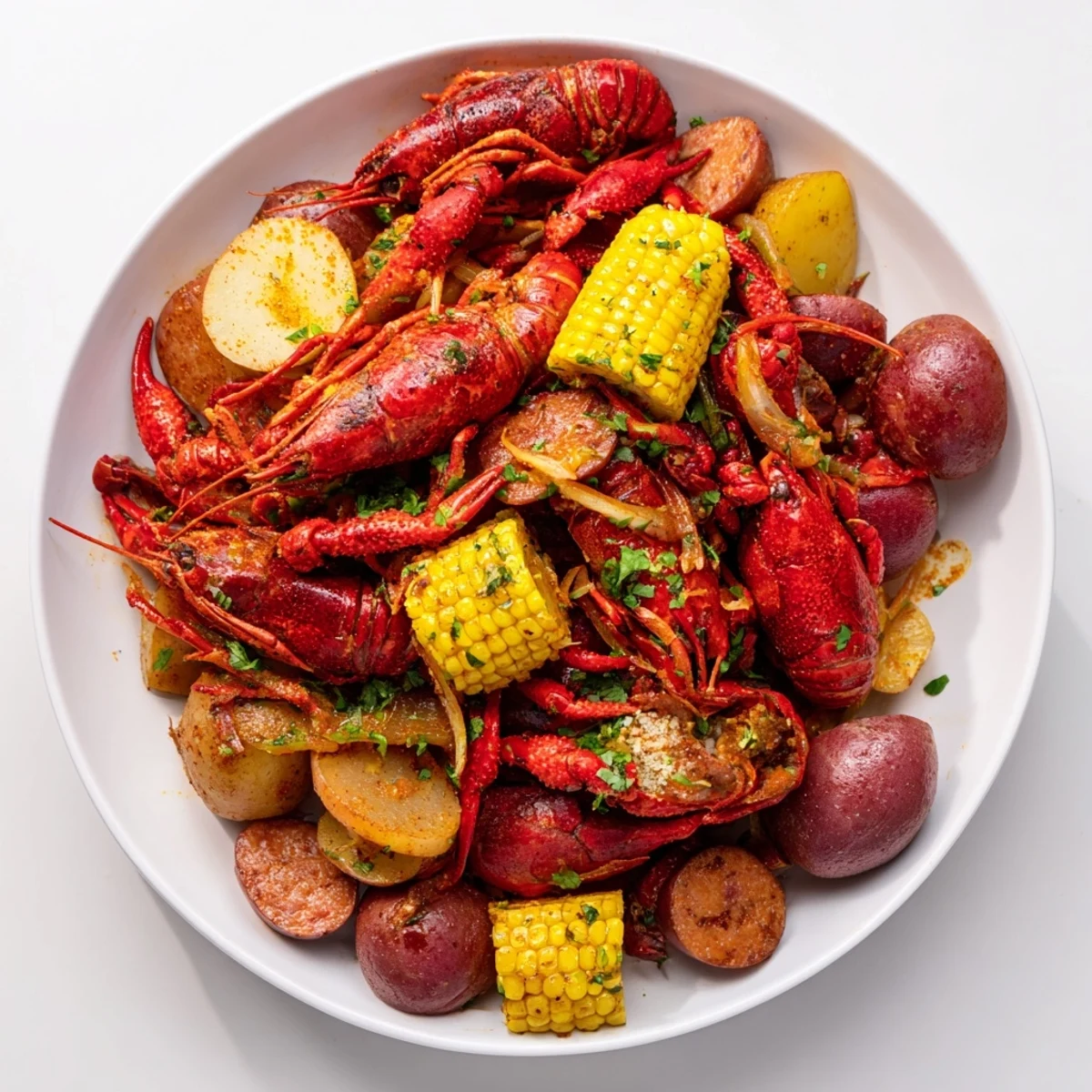 Ready-to-serve Louisiana Style Crawfish Boil featuring juicy crawfish, tender potatoes, and corn on the cob with extra Cajun seasoning.