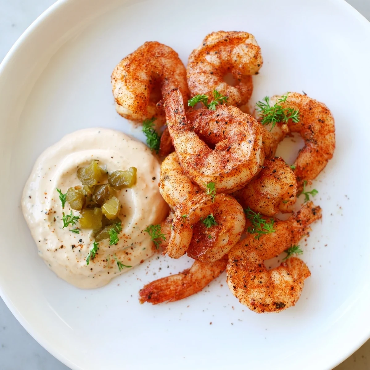 Succulent sautéed shrimp coated in Cajun spices served with creamy remoulade sauce, perfect for a zesty Southern appetizer.