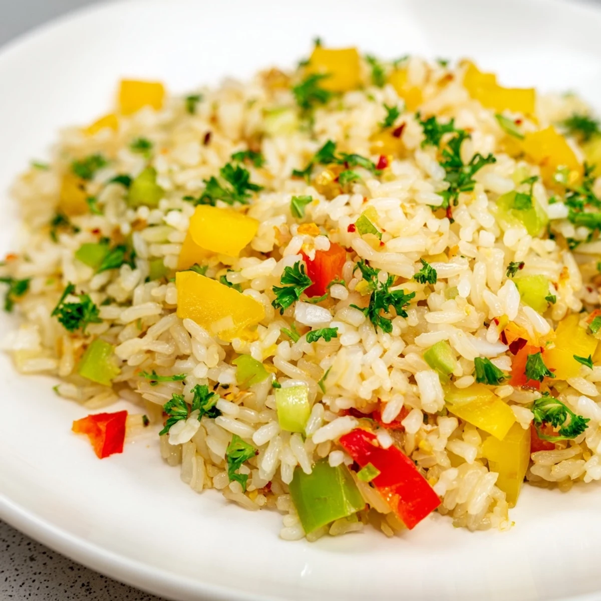 A close-up of Creole Rice Pilaf with Peppers, fluffy rice studded with vibrant red and green bell peppers and specks of fresh parsley.
