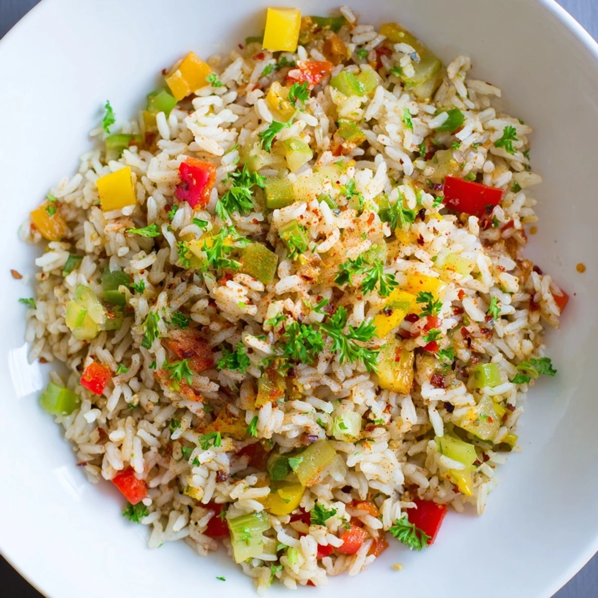 Steaming bowl of Creole Rice Pilaf with Peppers, garnished with scallions and parsley, ready to serve as a flavorful side dish.