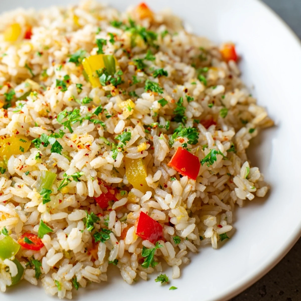 Sautéed onions, celery, and bell peppers mixed into golden Creole Rice Pilaf with Peppers, showcasing the colorful, aromatic ingredients.